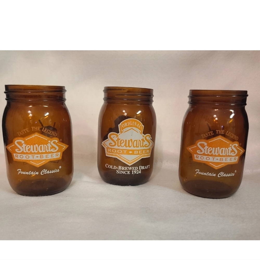 3 Vintage Stewart's Root Beer Amber Mason Jar Drinking Glass Fountain Classic.